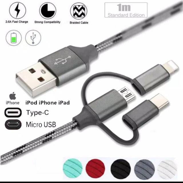 Kabel Data 3 in 1 / Kabel Charger 3in1 Micro USB Lightning Tipe C Support Fast Charging