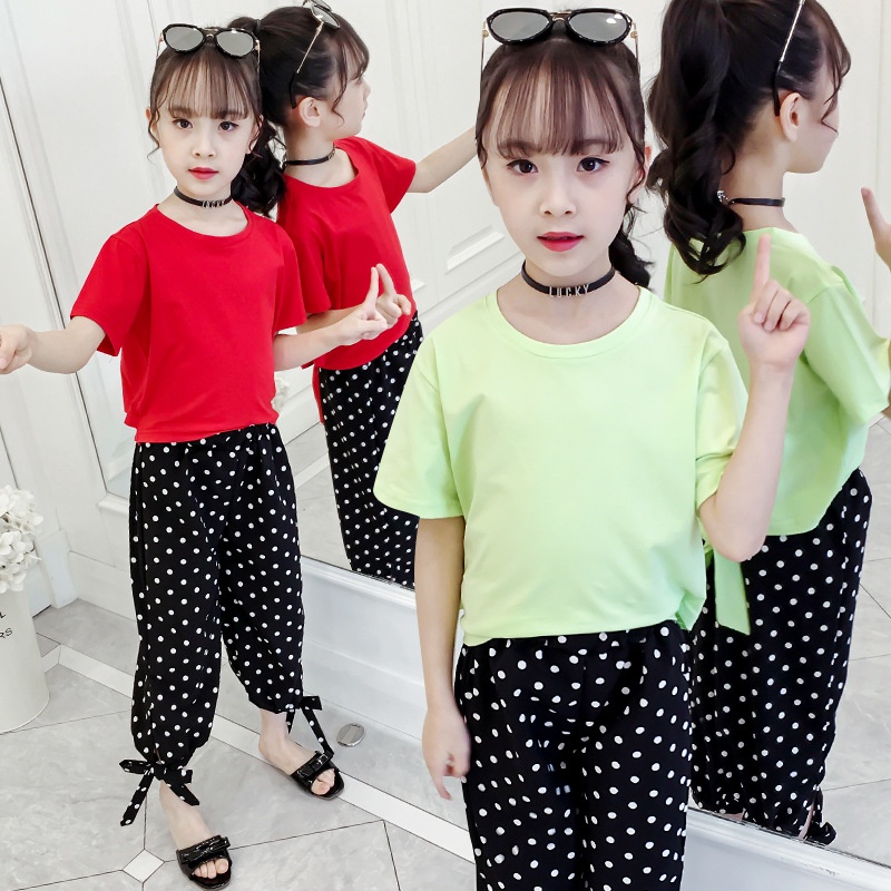 Stok bersih！ 3-13T Setelan Anak Perempuan Cewek Kaos Back Bowknot Warna Solid Lucu + Set Celana Hitam Dot Bandage