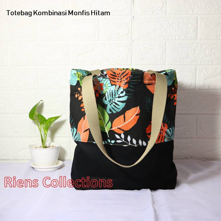 TAS KANVAS TOTEBAG KANVAS KOMBINASI MOTIF MONFIS HITAM. Riens Collections