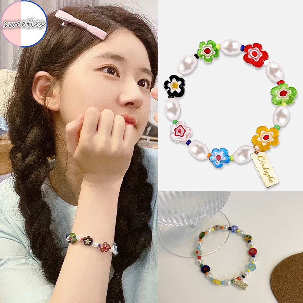 Gelang Tangan Wanita Desain Kaca Bunga Lucu Warna Permen Gaya Korea