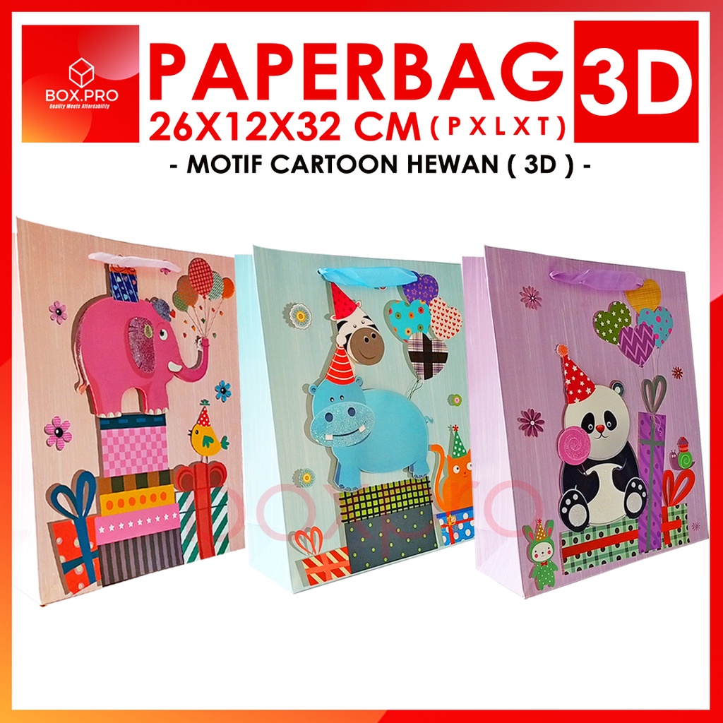 

Paperbag Paper Bag Kantong kertas 3D Aneka motif animal 26x12x32cm tebal import untuk kado,goodiebag