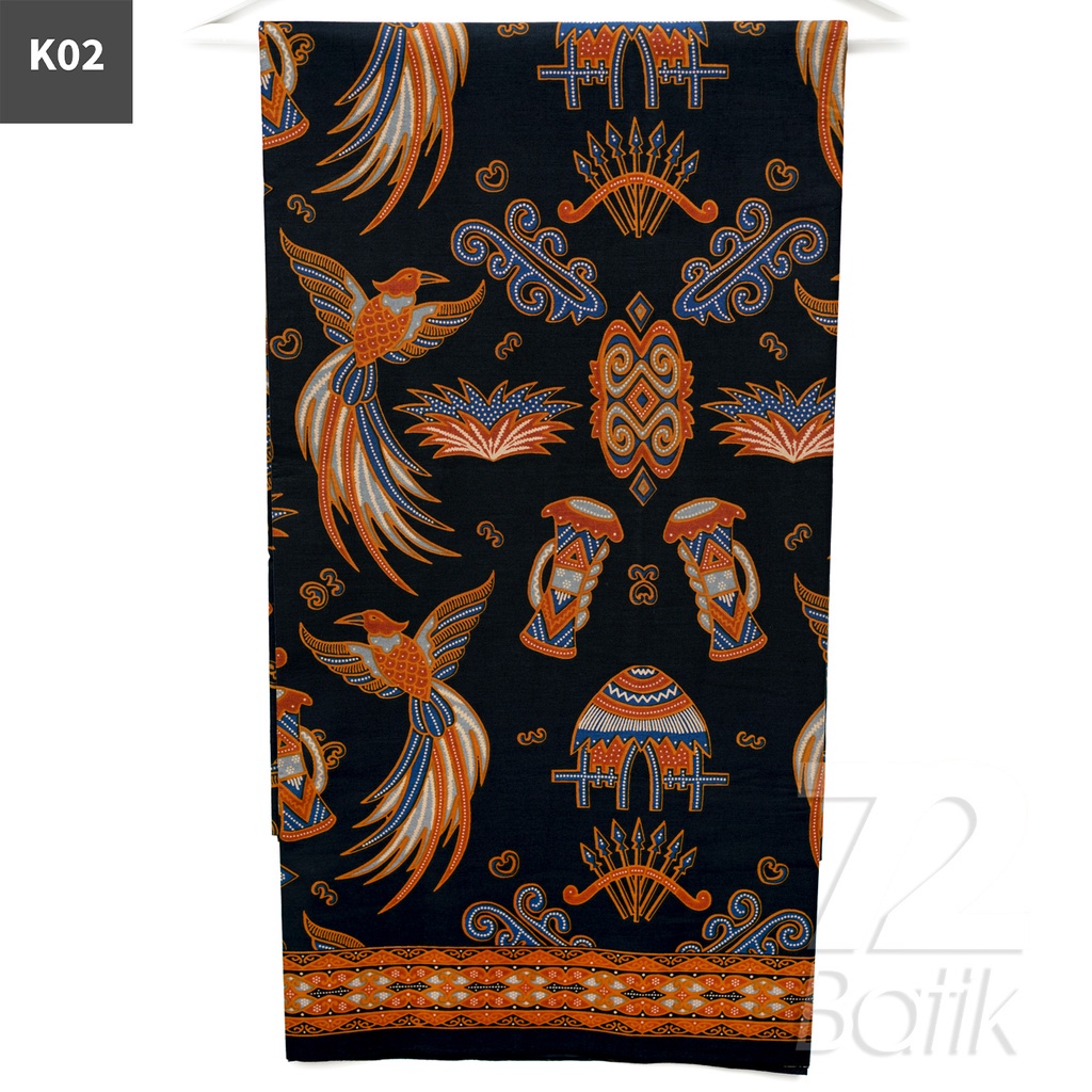 KAIN BATIK PREMIUM Bahan Katun Motif Burung Rumah Adat Warna Biru Orange 721105 CAP 72