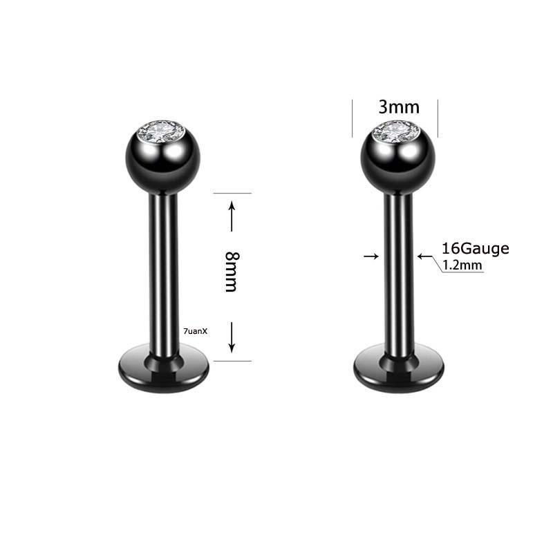 1 Piece Flat Head Labret Stud Lip Ring/Ear Cartilage Tragus Helix Piercing 16Gauge Stainless Steel with Zircon