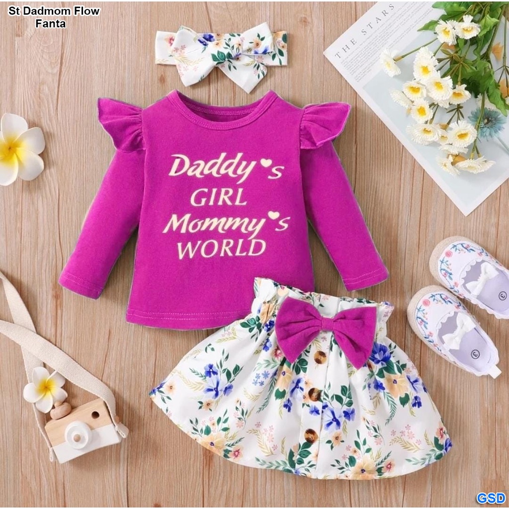 Dadmom Flow Kids /New Setelan Baju dan Rok Anak Ada Pita Tempel  Perempuan Motif Bunga Bahan Babyterry Usia 3 Tahun Sampai 5 Tahun FREE Bando