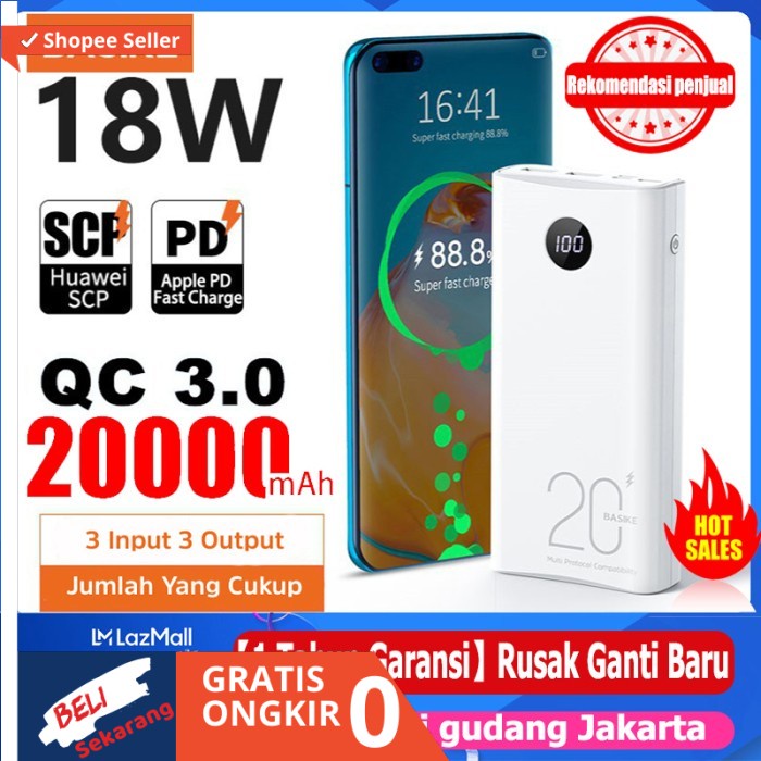 BASIKE Powerbank 20000 mah LED Display QC 3.0 PD 18W Two Way Murah Ori - white Wallace
