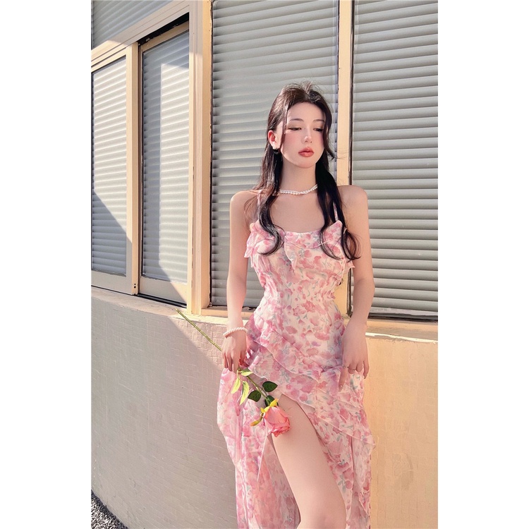 Mini Dress Lembut Floral Sling Dress Wanita Musim Panas Manis Kerut-kerut Belahan Belakang Terbuka S