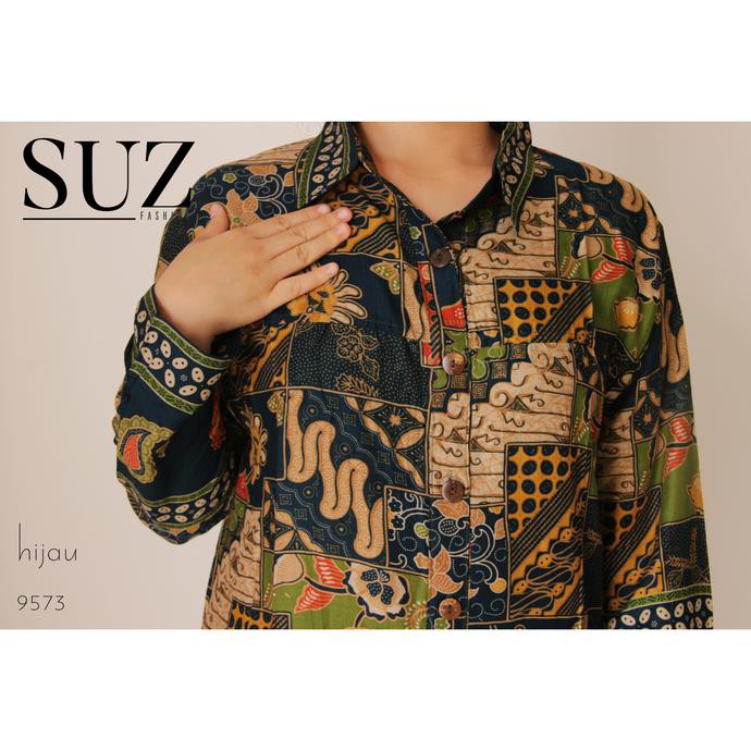 Promo Termurah  Suz Kemeja Wanita Long Tunik Muslim Jumbo Batik 9573 - Hijau Tosca, 5L Terbaru
