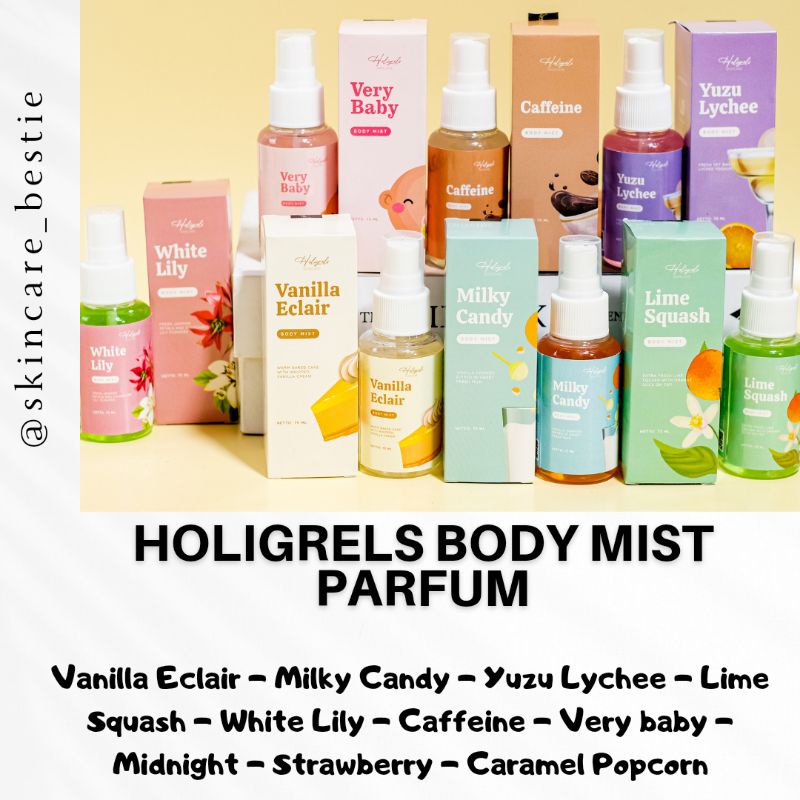 Holigrels Body Mist Parfum 75ml BPOM - Caramel Popcorn Vanilla Eclair Yuzu Lychee Very Baby Midnight