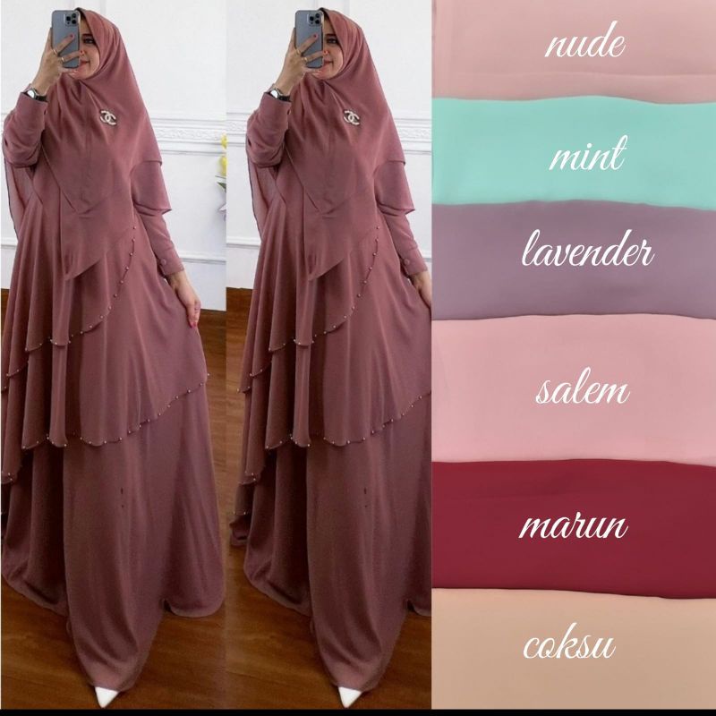 REALPICT COD NEW SYARI MUTIARA FULL CERUTY PREMIUM GAMIS SET KHIMAR / HIJAB  LD 110 PB 140 TERBARU T