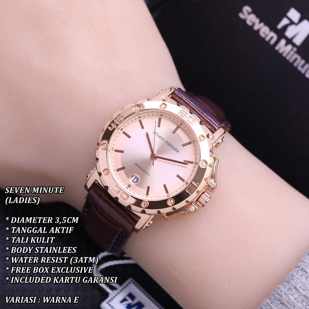 (FREE BOX) JAM TANGAN WANITASEVEN MINUTE FASHION TALI KULIT BODY BULAT TANGGAL AKTIF