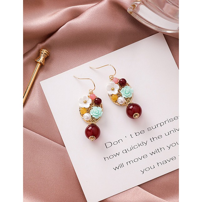 LRC Anting Gantung Fashion Beads (red) Crystal Beads Drops Flower Earrings D09693