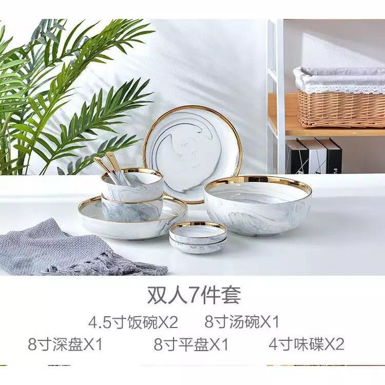 Piring Makan Marble Set 9 Pc |9 in 1 Marble Plate with Golden Line