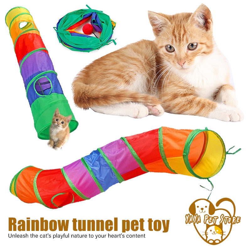 【Yayapet】Mainan Kucing Pet tunnel Kelinci Model Terowongan Lipat Portable 2 Lubang Warna Pelangi