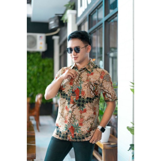 [TERBARU] Batik Pria Lengan Pendek premium BATIK BERKAH HRB026 motif KERATONAN Kode 002 size M L XL-Toples hm