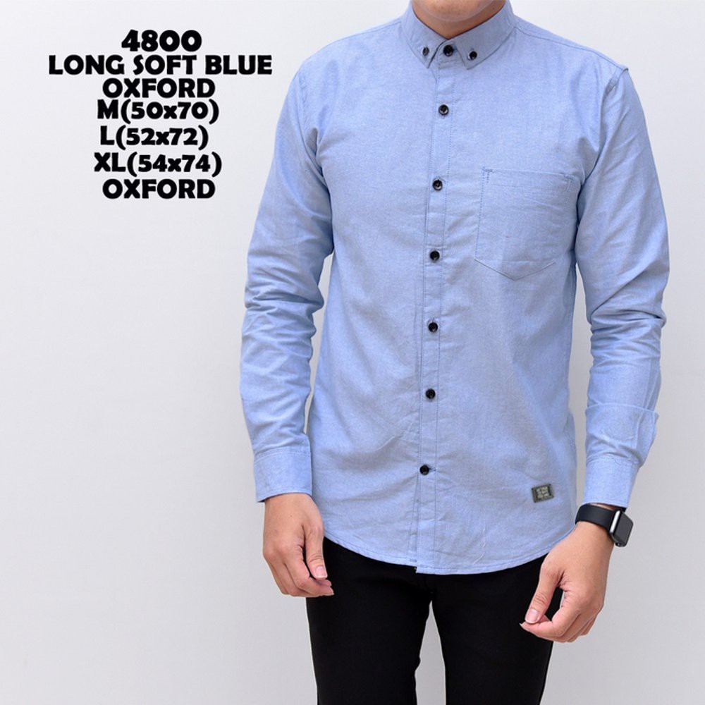 Pakaian Pria Atasan Kemeja Kasual Kemeja Pria Casual Polos Lengan Panjang Oxford Blue Solid Slimfit