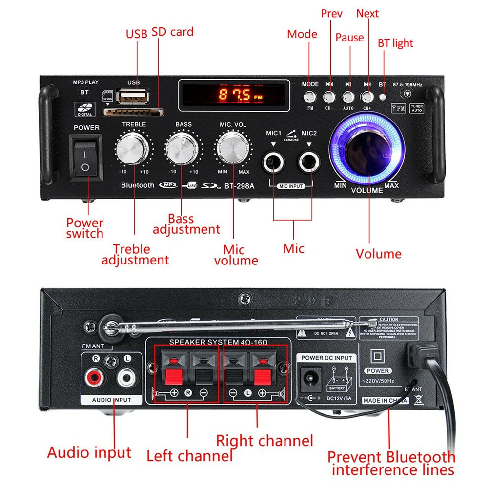 600W   BT-298A Power Ampli Amplifier Bluetooth Karaoke Home Theater FM Radio