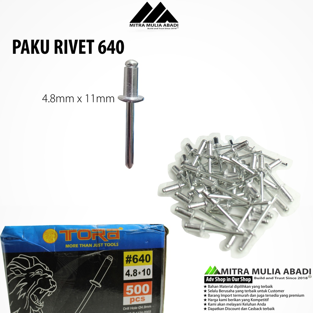 Paku Rivet TORA 4,8mm x 11 mm Blind Rivets 640 paku tembak - 10 pcs