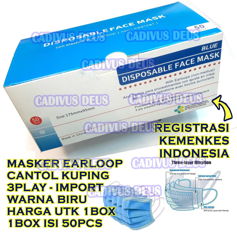 MASKER 3PLAY - EARLOOP - CANTOL KUPING - KEMENKES CV - HRG 1BOX 50PCS