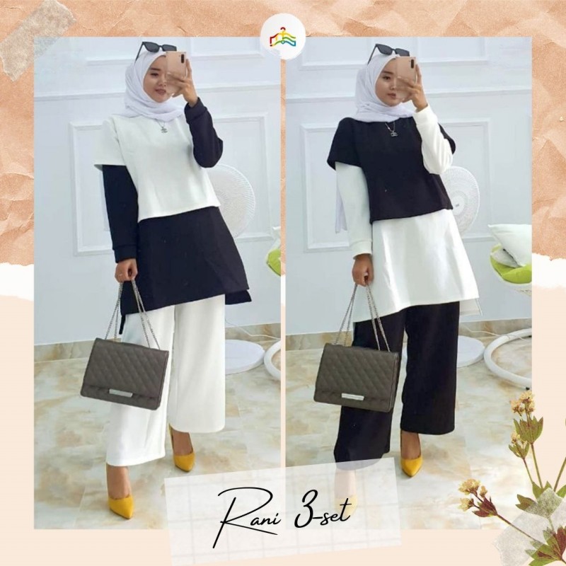 Modesee Set Tunik One Set Rani Setelan Wanita Muslim Polos Hitam Putih, Daily Set Tunik Kulot , Stel