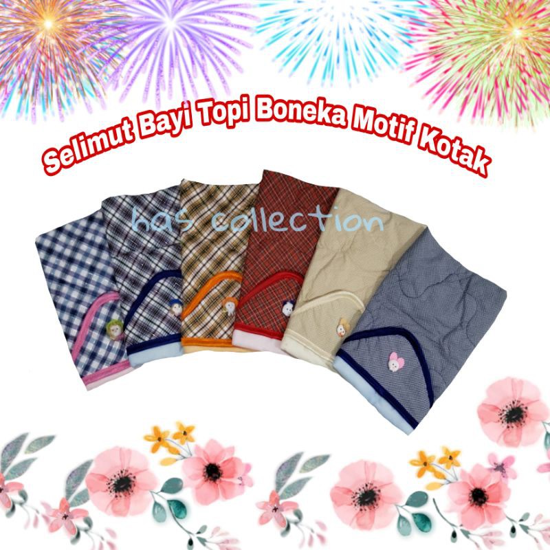 Selimut Bayi Boneka motif kotak pakai Topi