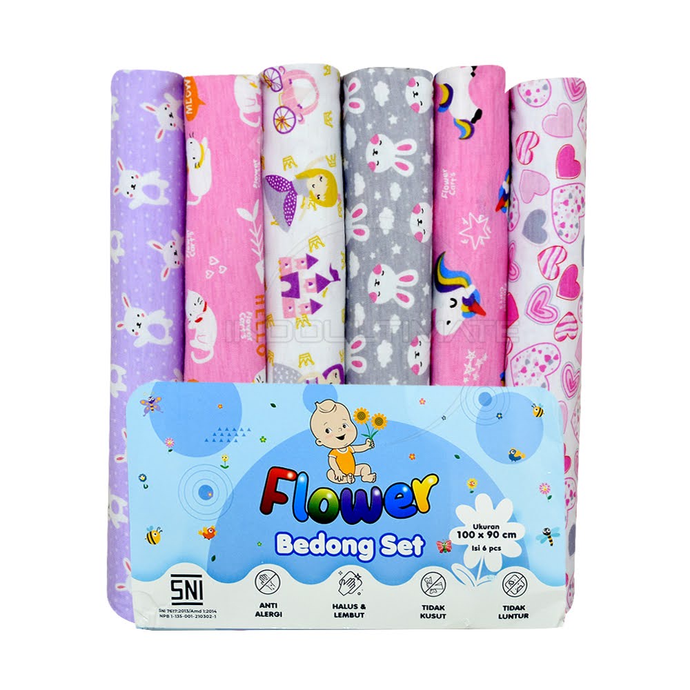 6 Pcs Kain Bedong Bayi Baru Lahir COTTON Print  BC-306 (100 x 90 cm) Selimut Bayi BC-307 (120 x 75 cm) Alas Tidur Bayi Kain Bedongan Bayi Motif Lucu Perlengkapan Tidur Bayi New Born