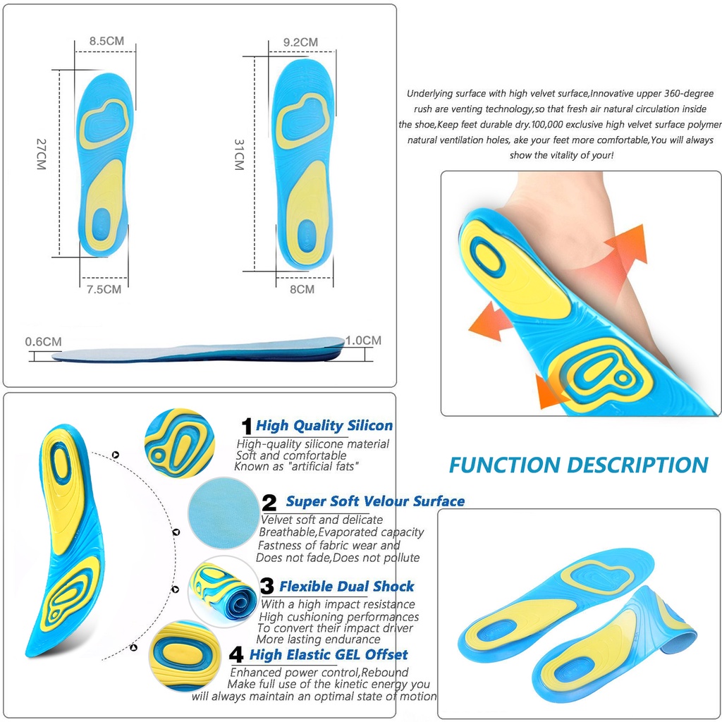 Insole Bantal Sisipan Sepatu Olahraga Pria dan Wanita Untuk Terapi Orthotic Kesehatan Kaki Empuk Nyaman Dipakai Lari