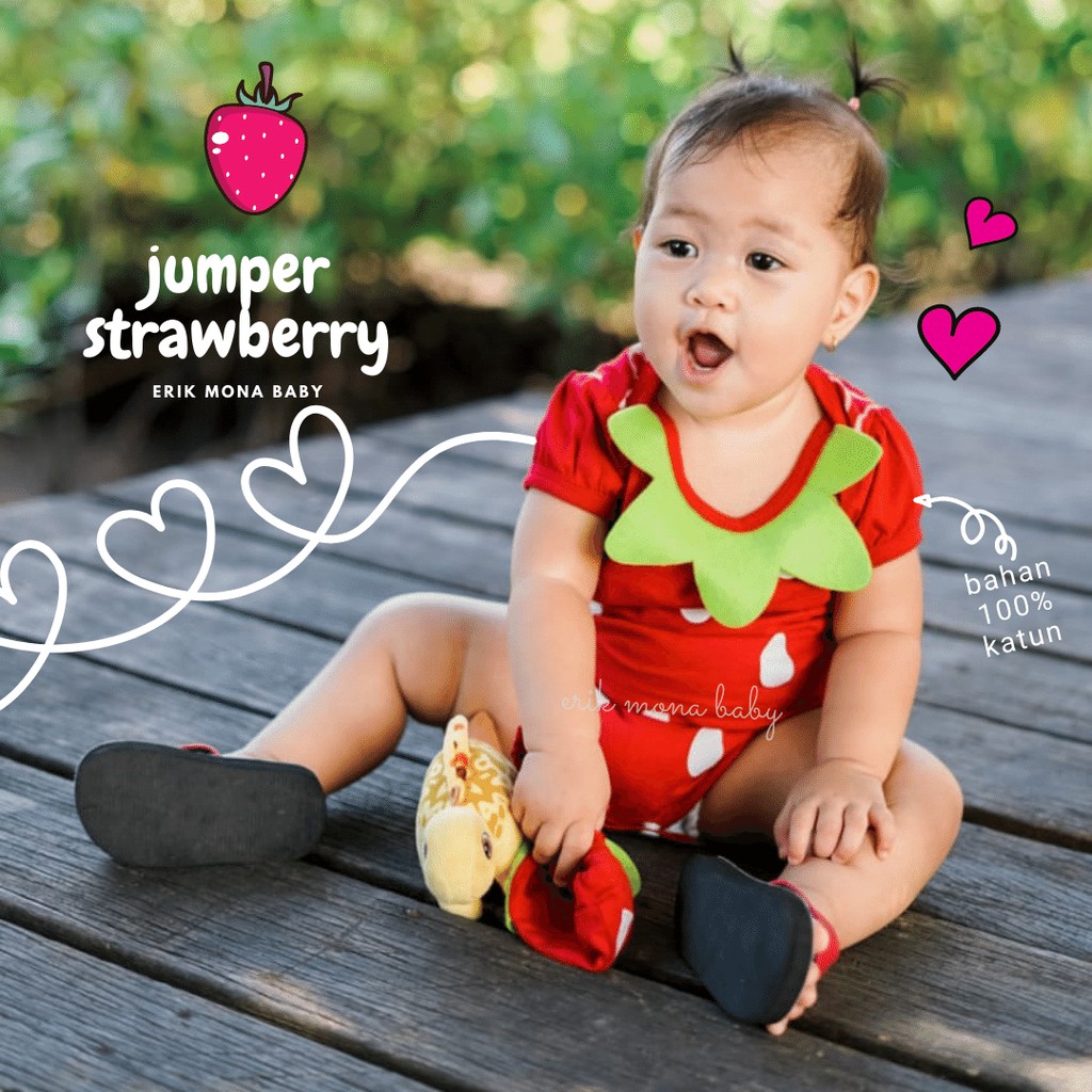 Ermon Baby - Jumper Bayi Laki Laki Perempuan Jumper Baby Cowok Cewek Lucu Karakter Buah Strawberry + Topi Usia 0 - 12 Bulan