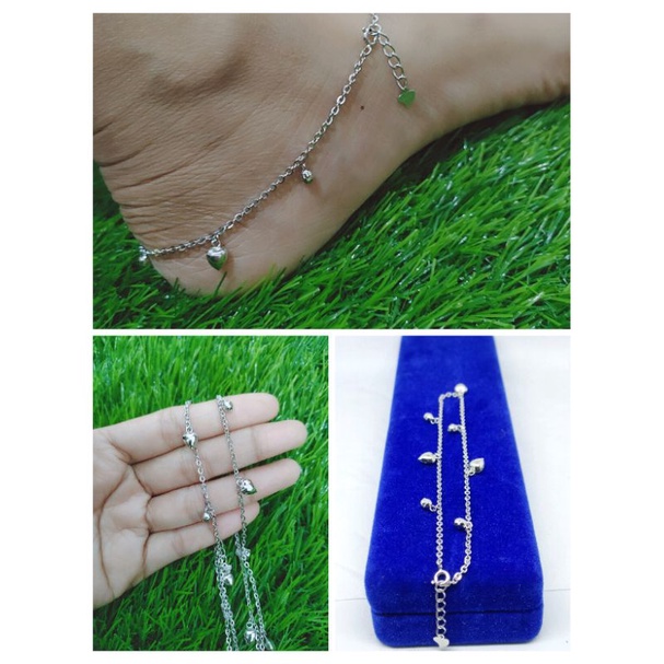 gelang kaki rantai nori +3m.love+2 m. bola / gelang kaki perak asli silver 925 lapis emas