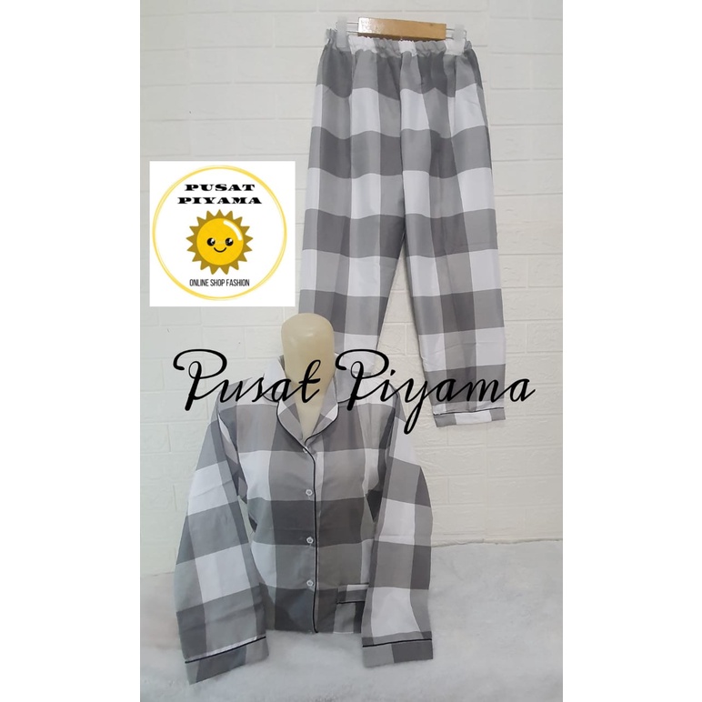 Setelan Lengan Pendek Piyama Baju Tidur Wanita Guilen Kotak Pajamas Cewek Dewasa Kekinian Abg-L NONA Panjang Hitam