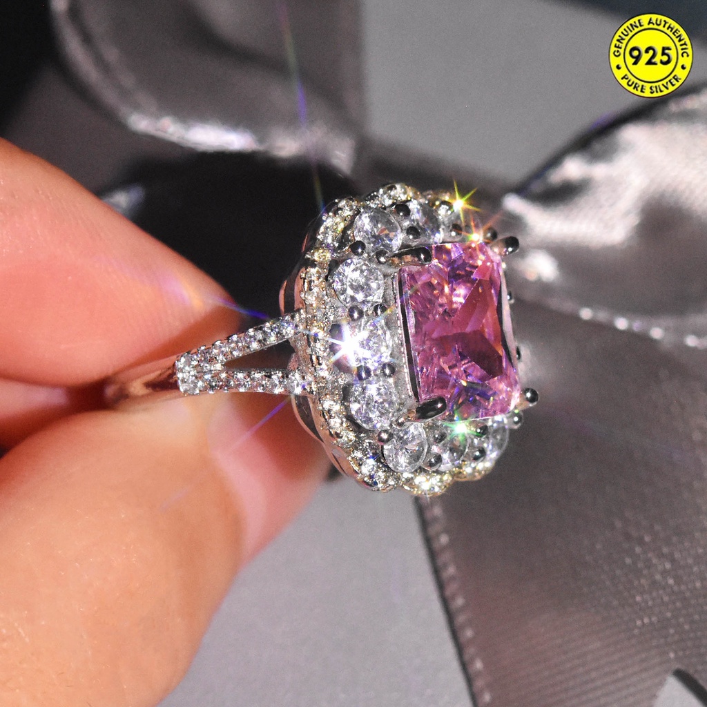 Cincin Berlian Kristal Bentuk Kotak Warna Pink Gaya Eropa Dan Amerika