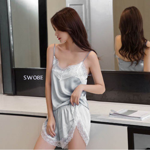 [READY STOCK] SETELAN BAJU TIDUR WANITA PIYAMA SATIN NIGHTGOWN ABU-ABU SW08E