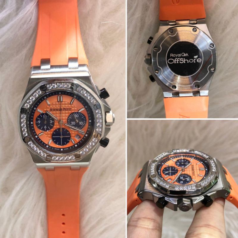 Terlaris Jam Tangan Ladies Wanita Ap Royal Oak Offshore Silver Diamond 37mm Strap Rubber Orange