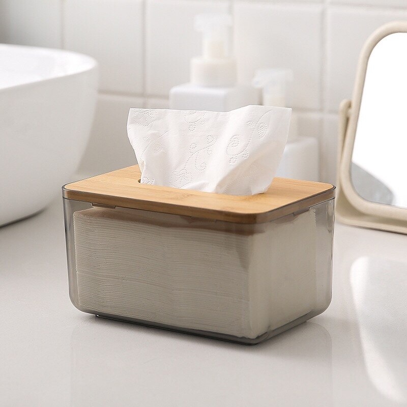 Kotak Tisu Transparan Tutup Kayu Minimalis Estetik Gray Nordic