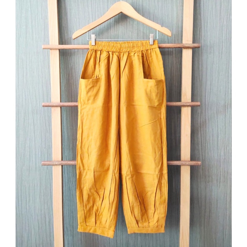 CoD- Hinata Pants- Celana Santai 7/9- Celana Kulot Wanita- Celana Baggy Rami Premium- Celana Panjang-Mustard