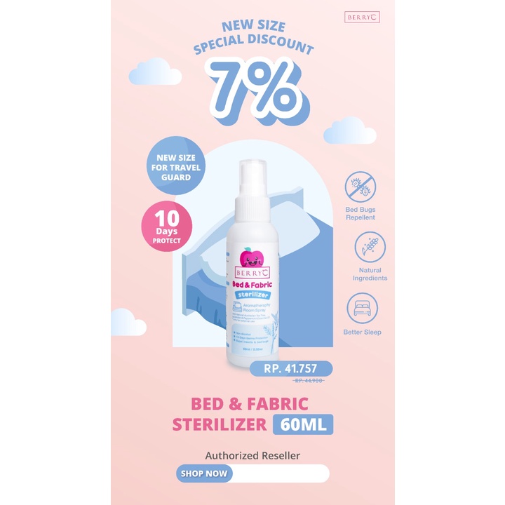 BerryC Bed &amp; Fabric Sterilizer Spray 60ml dengan Perlindungan 10 hari - Berry C Bed Spray Anti Tungau Serangga 60 ml