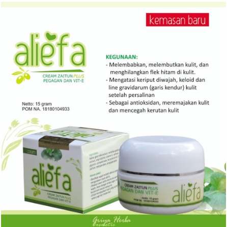 vitamin e ALIEFA Cream Wajah Zaitun Plus Pegagan dan Vitamin E Krim Pelembab Muka Berat 15 Gram Orig