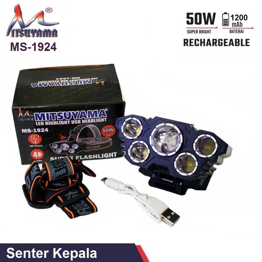 Mitsuyama MS-1924 Senter Kepala Cas LED 5 Mata USB Rechargeable 50 Watt Original