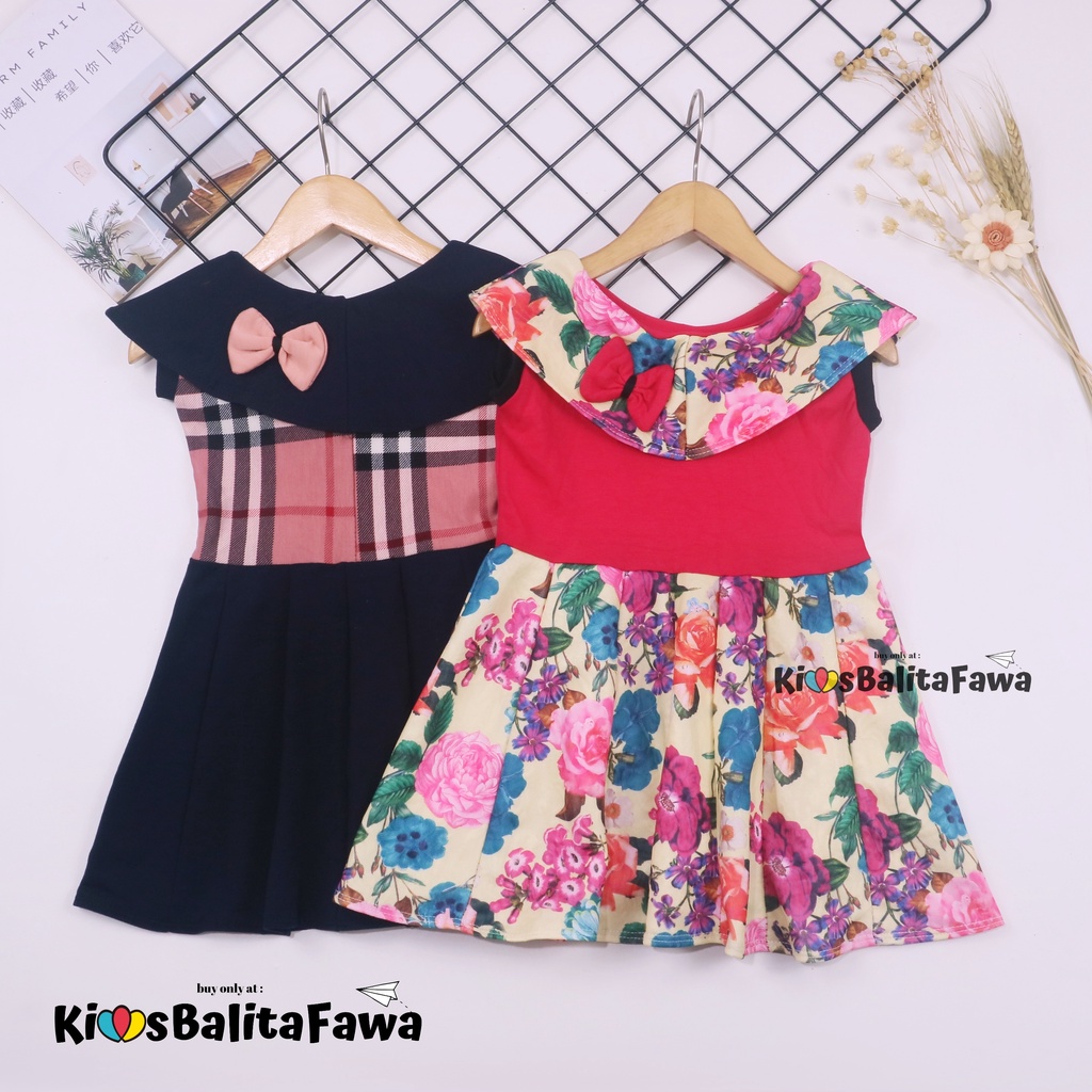 Dress Evelin uk 1-2 Tahun / Baju Anak Perempuan Atasan Model Dres Cewek Gaun Pesta Motif Polos Bunga