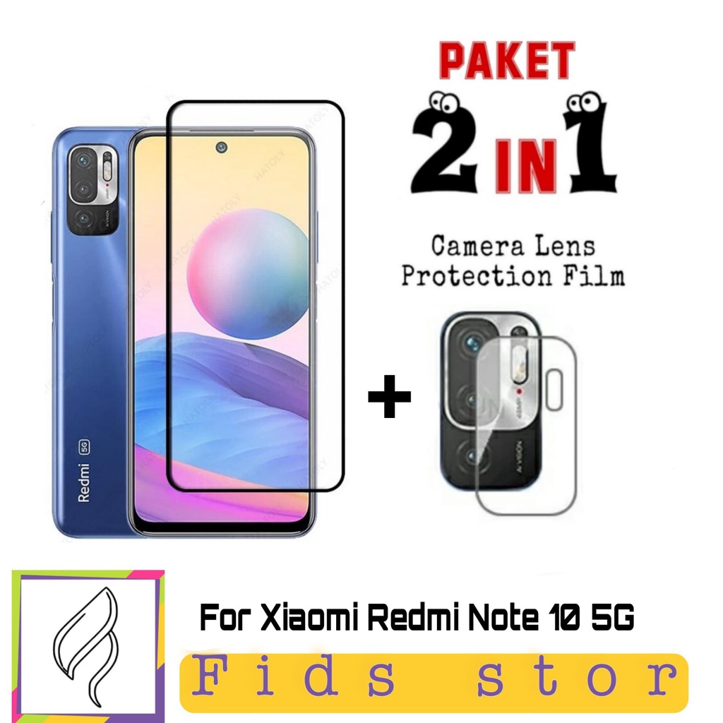 PROMO 2in1 Tempered Glass XIAOMI REDMI NOTE 10 5G TG Layar FULL COVER Black Premium Free TG Camera