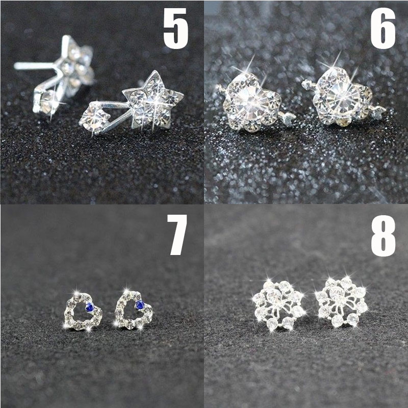 Anting Tusuk Desain Hati Kristal + Pita Warna Silver Gaya Korea untuk Wanita