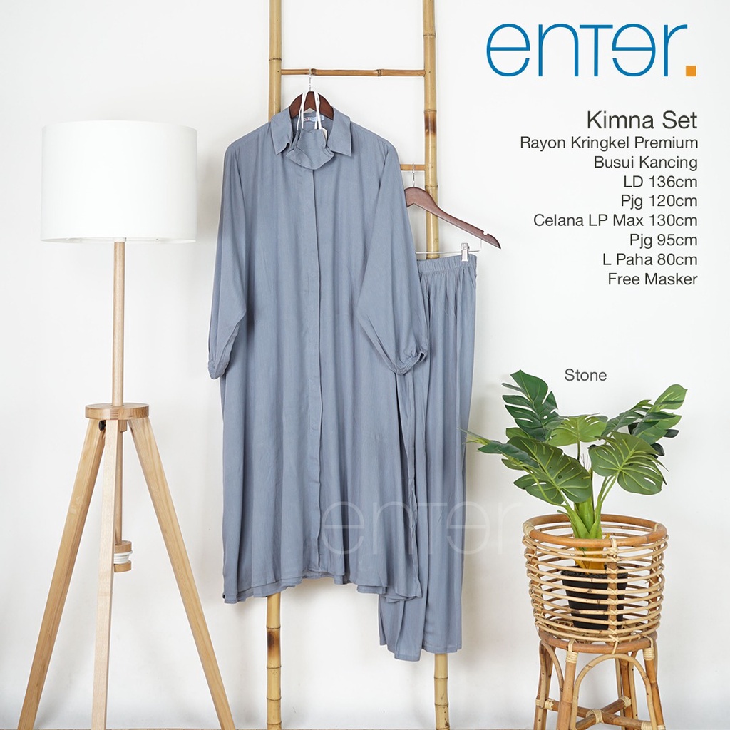 Enter Kimna Set Stelan Wanita Kekinian Crinkle Airflow Baju Setelan Jumbo LD 130 One Set Long Tunik-Stone