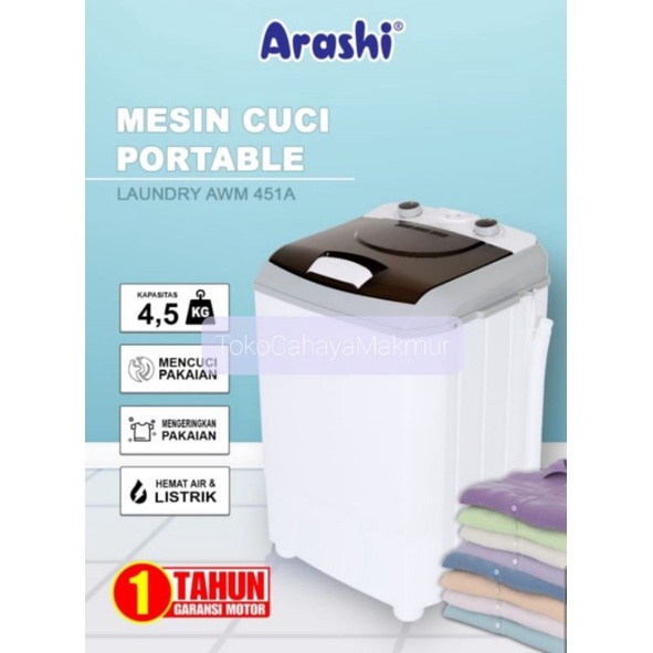 Arashi Washing Machine Portable AWM 451A - Mesin Cuci Portable Laundry