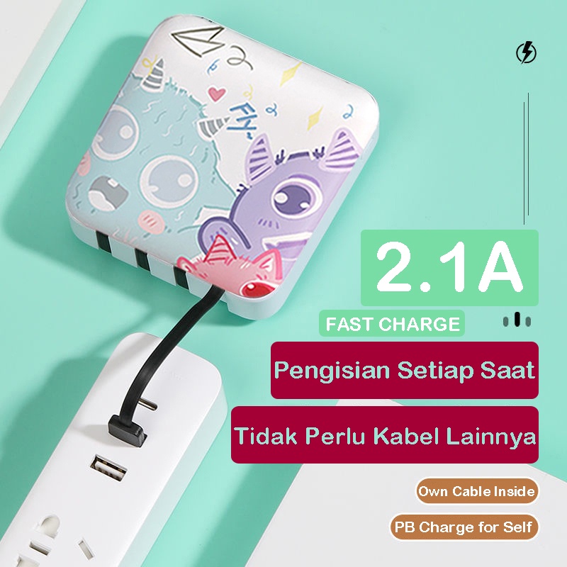 Powerbank Mini 20000mah Built in Cable 5in1 Fast Charging Kartun External Battery 2.1A Power bank for IPhone Lightning Type c Micro Samsung Xiaomi Huawei with LED Light