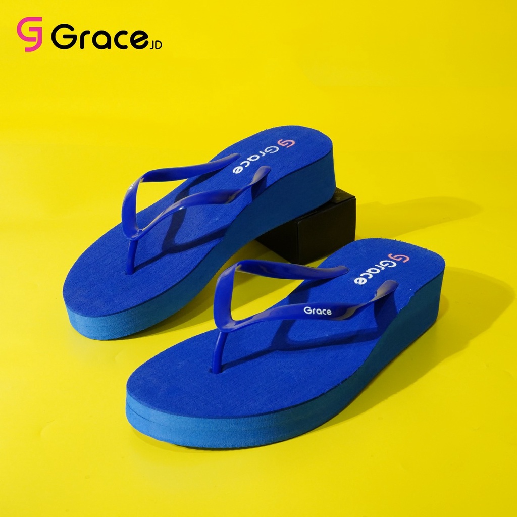 Grace(Black Rose)/sandal hak spon hitam dengan japit polos/Sandal jepit wedges simple wanita helen-BIRU