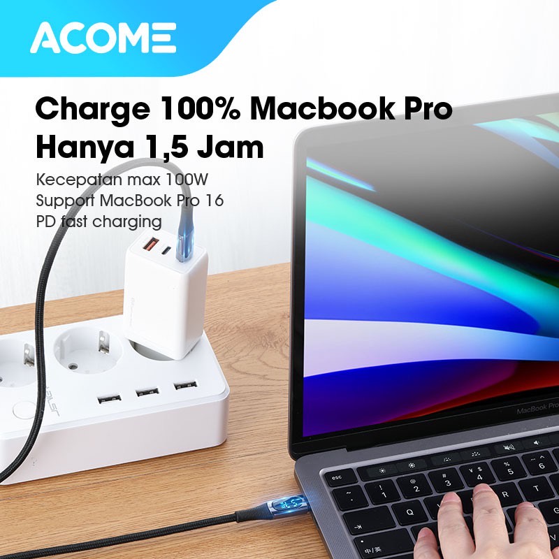 Kabel Data Fast Charging ACOME APD100  5A 100W Type C To Type C Smart LED Display Garansi Resmi 1 Tahun