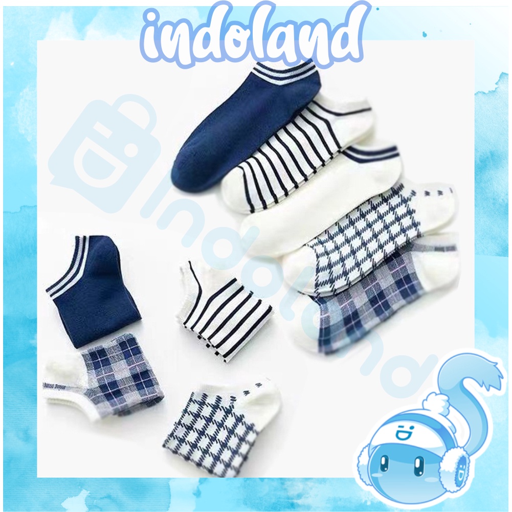 ☀ INDOLAND ☀ Kaos Kaki Wanita Motif Kotak Biru Navy Fashion Korea Women Sock Import Murah KK003