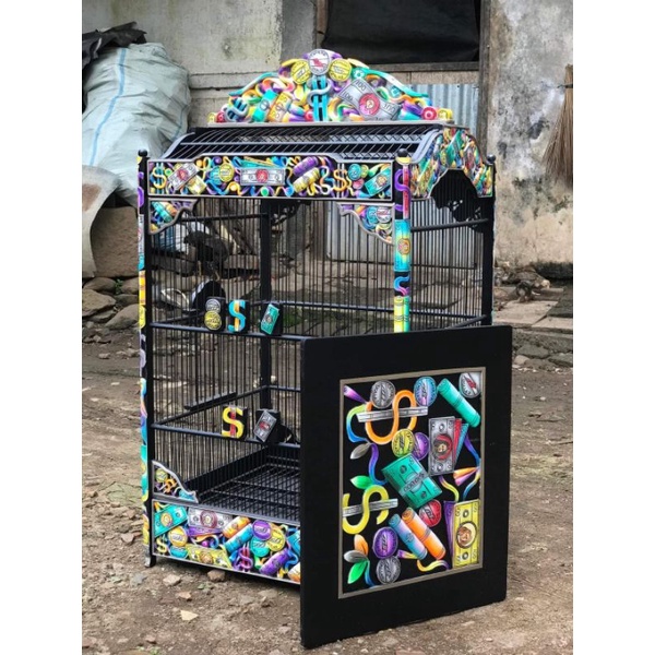 Sangkar burung kotak ukir motif uang UK 40*45