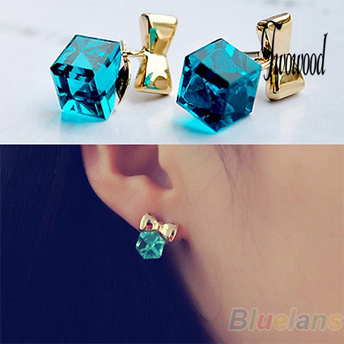 Anting Stud Berlian Imitasi Bentuk Kubus Ikatan Simpul Untuk Wanita