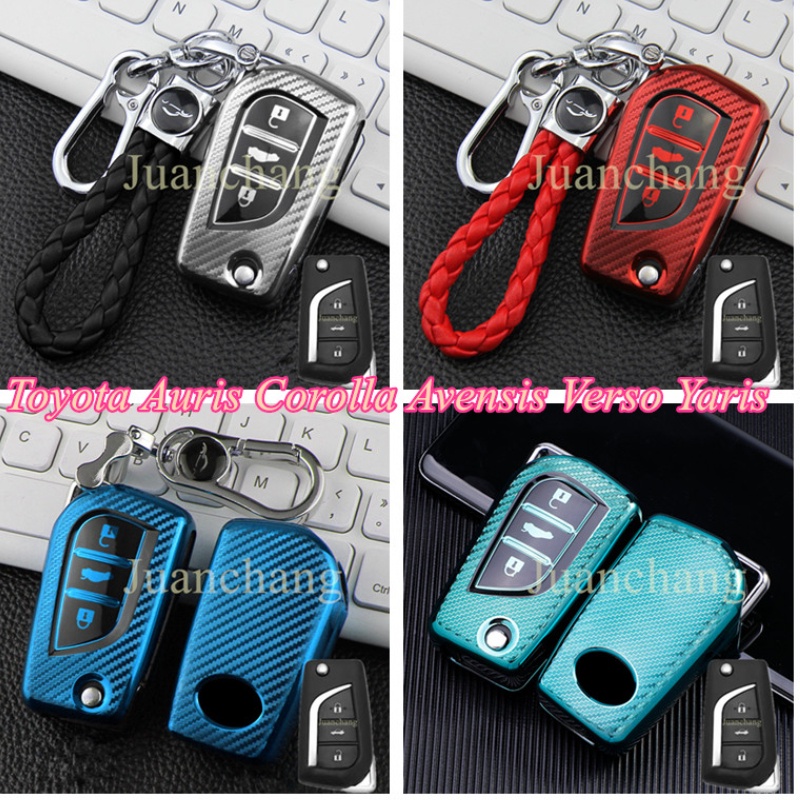Casing Kunci Mobil 3 Tombol Bahan TPU Aksen Serat Karbon Untuk Toyota Auris Corolla Avensis Verso Yaris Aygo Scion TC IM 2015 2016 Camry RAV4