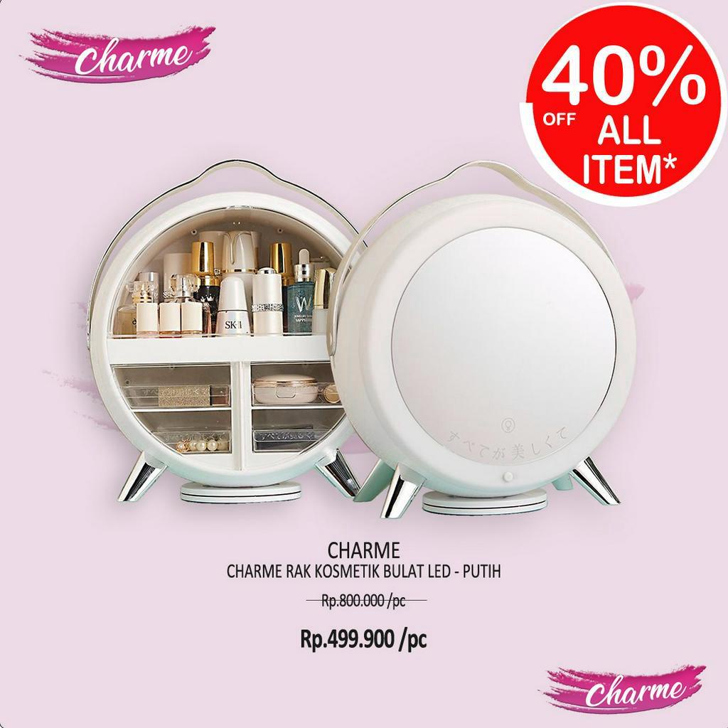 (READY &amp; ORI) Charme Rak Kosmetik Bulat LED Tempat Makeup Putih / Pink